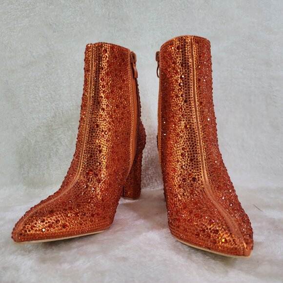 RESTOCKED! Metallic Orange Rhinestone Ankle Boots with 3" Block Heel - Picture 8 of 8